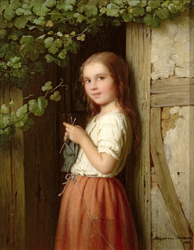 Young Girl Standing in a Doorway Knitting by Johann Georg Meyer von Bremen